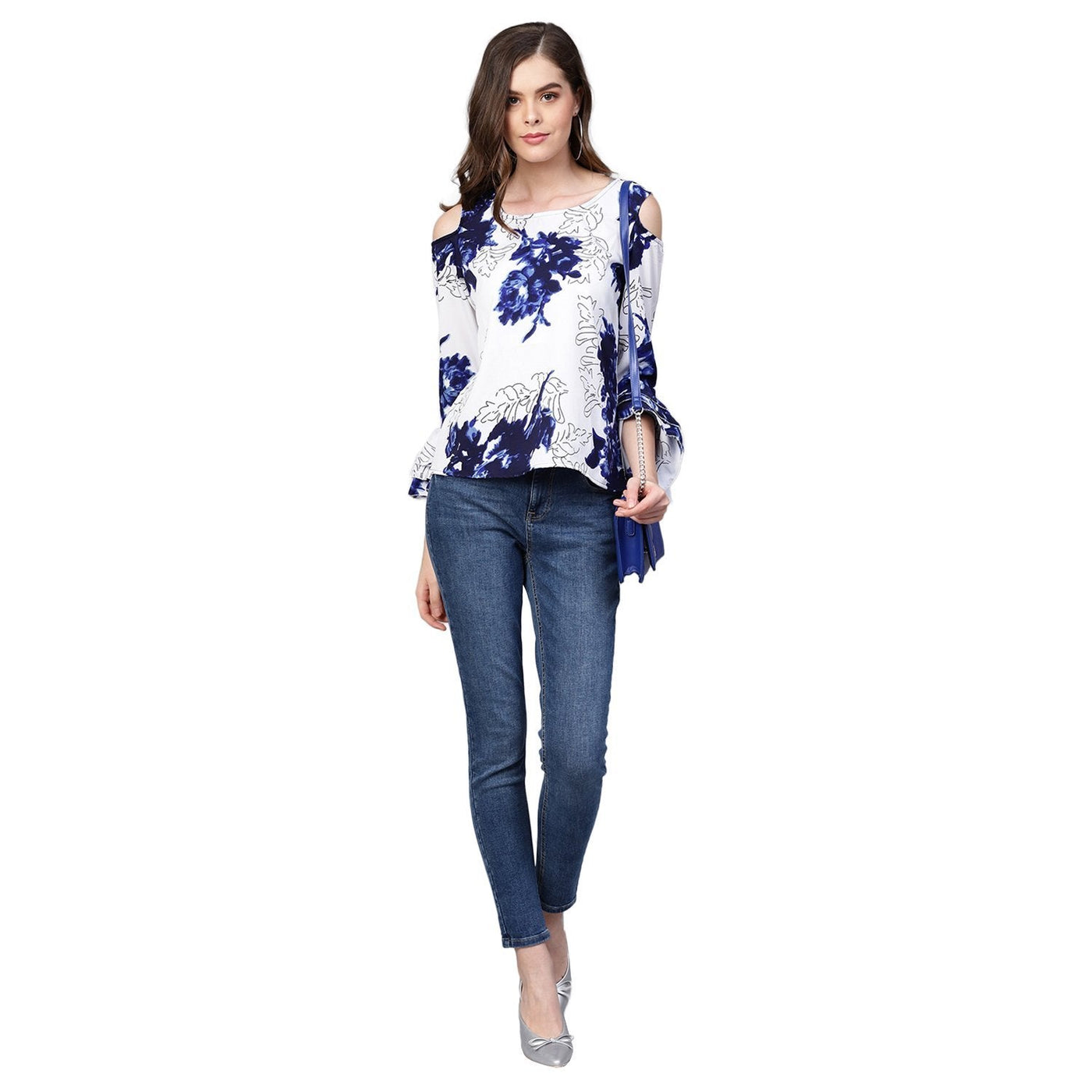 Women's White Printed Bell Sleeve Round Neck Crepe Casual Top