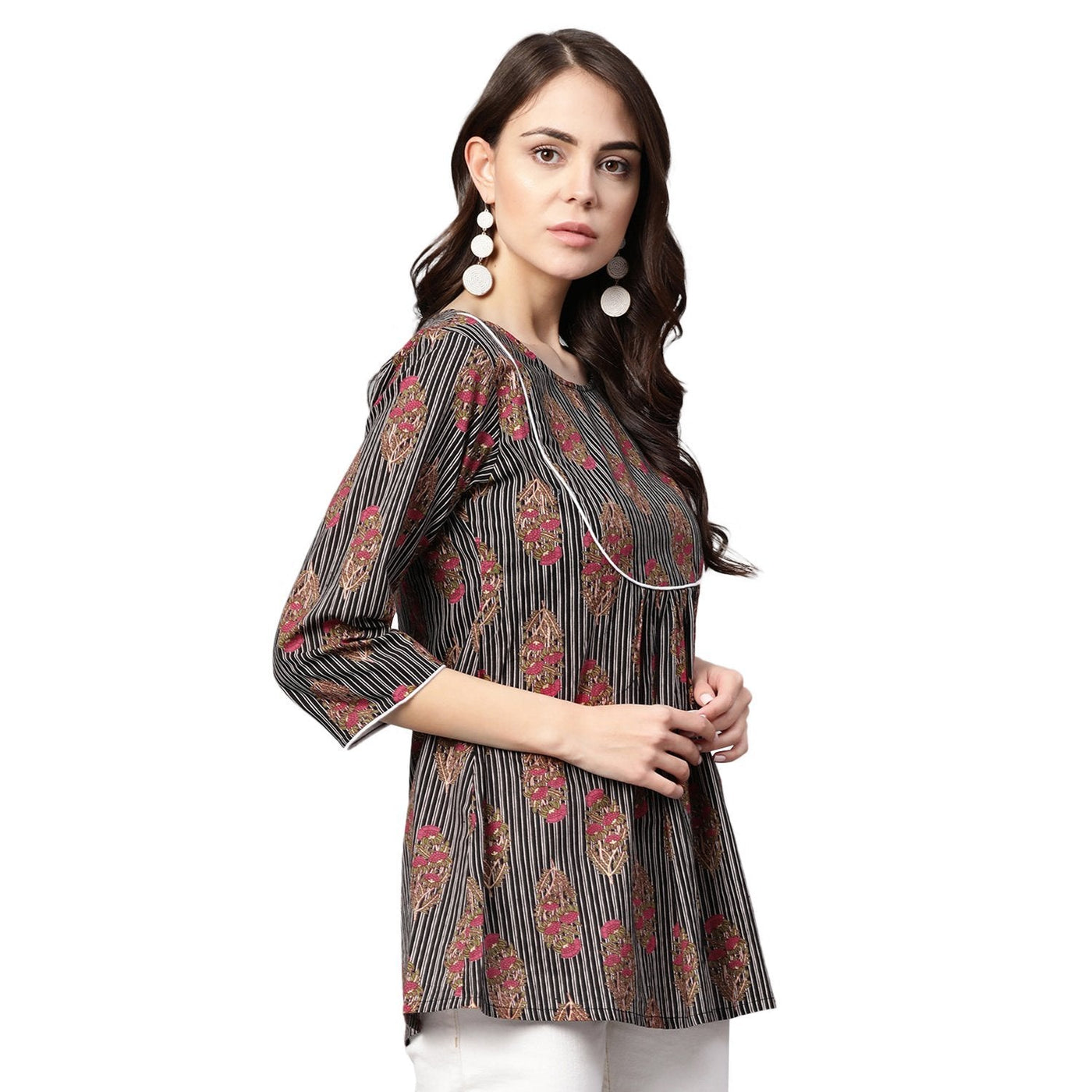 Women's Multi Printed 3/4 Sleeve Round Neck Cotton Casual Top