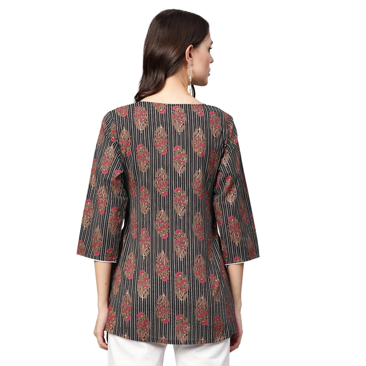 Women's Multi Printed 3/4 Sleeve Round Neck Cotton Casual Top