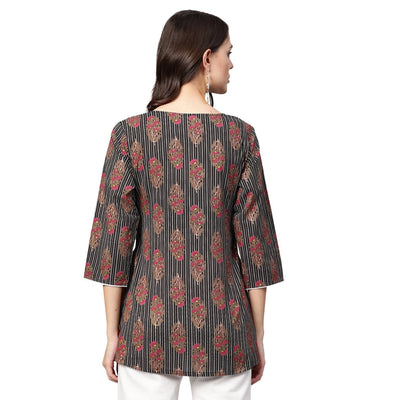 Women's Multi Printed 3/4 Sleeve Round Neck Cotton Casual Top