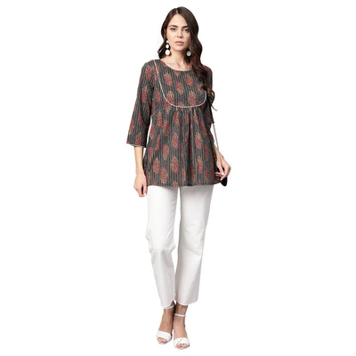 Women's Multi Printed 3/4 Sleeve Round Neck Cotton Casual Top