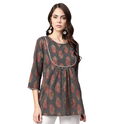 Women's Multi Printed 3/4 Sleeve Round Neck Cotton Casual Top