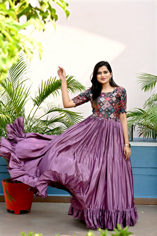 Women's Purple  Sequins Work Chinnon Partywear Anarkali Dress