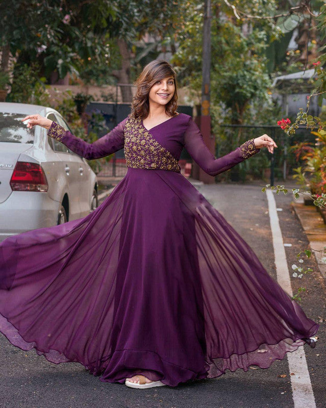 Women's Wine Faux Blooming Sequins Embroidered Partywear Anarkali Dress