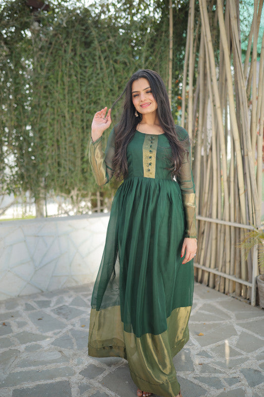 Women's Green Chiffon Zari Woven Festive Anarkali Dress