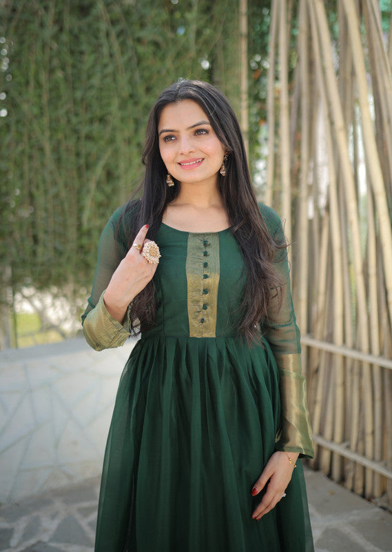 Women's Green Chiffon Zari Woven Festive Anarkali Dress