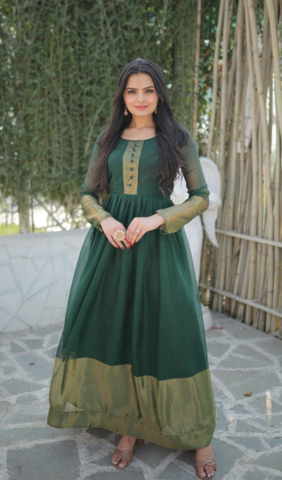 Women's Green Chiffon Zari Woven Festive Anarkali Dress