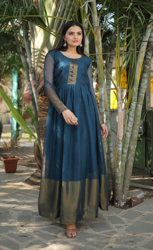 Women's Blue Chiffon Zari Woven Festive Anarkali Dress