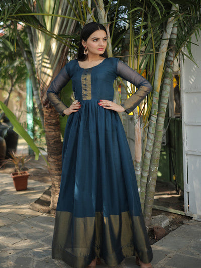 Women's Blue Chiffon Zari Woven Festive Anarkali Dress