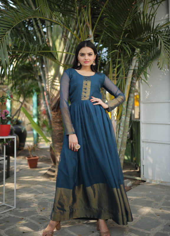 Women's Blue Chiffon Zari Woven Festive Anarkali Dress
