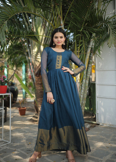 Women's Blue Chiffon Zari Woven Festive Anarkali Dress