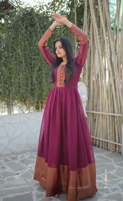 Women's Wine Chiffon Zari Woven Festive Anarkali Dress