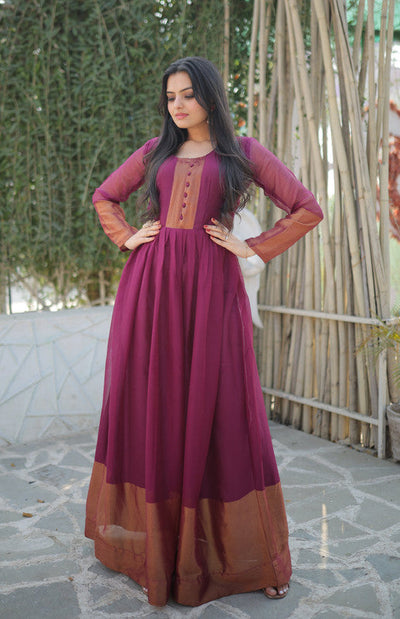 Women's Wine Chiffon Zari Woven Festive Anarkali Dress