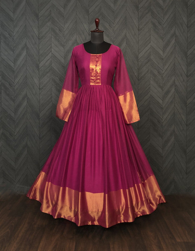 Women's Wine Chiffon Zari Woven Festive Anarkali Dress