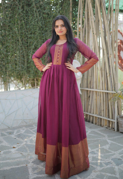 Women's Wine Chiffon Zari Woven Festive Anarkali Dress