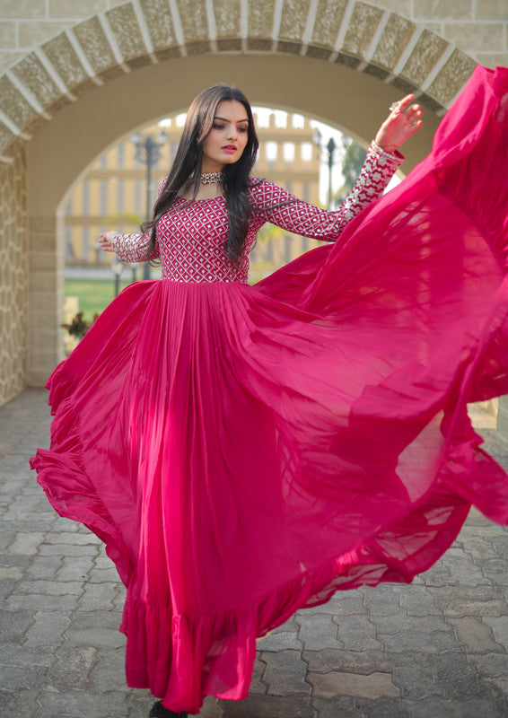 Women's Pink Faux Blooming Sequins With Zari Embroidered Anarkali Dress