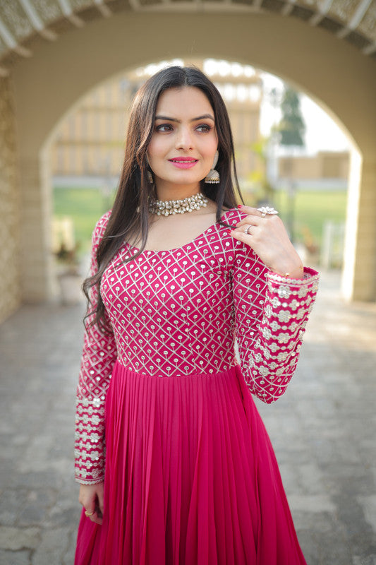 Women's Pink Faux Blooming Sequins With Zari Embroidered Anarkali Dress