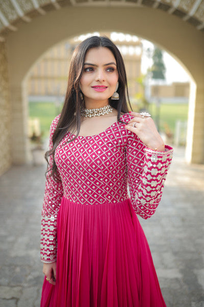 Women's Pink Faux Blooming Sequins With Zari Embroidered Anarkali Dress