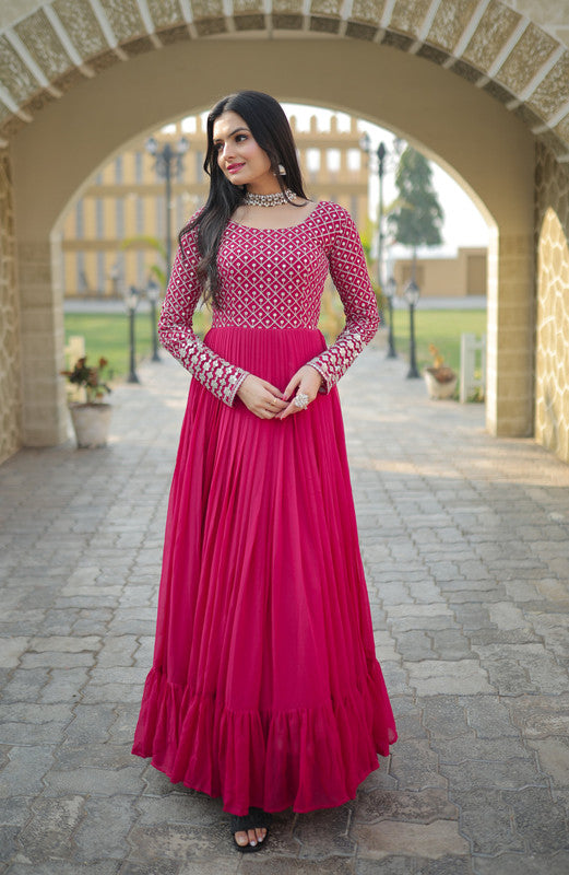 Women's Pink Faux Blooming Sequins With Zari Embroidered Anarkali Dress