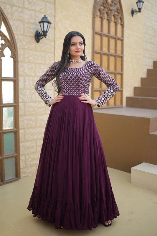 Women's Wine Faux Blooming Sequins With Zari Embroidered Anarkali Dress