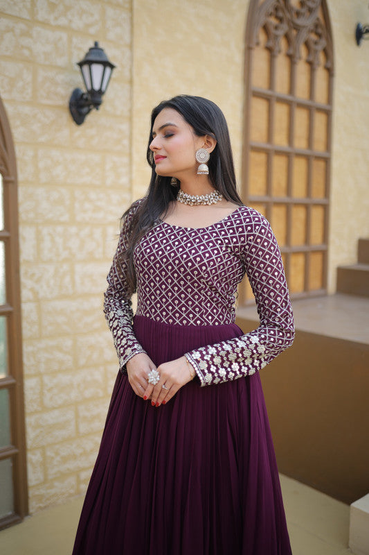 Women's Wine Faux Blooming Sequins With Zari Embroidered Anarkali Dress