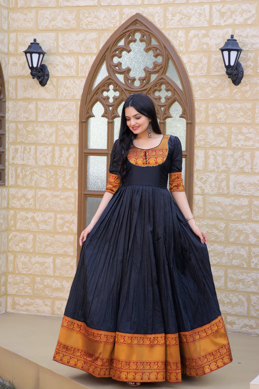 Women's Black Silk Jacquard Weaving Festive Anarkali Dress