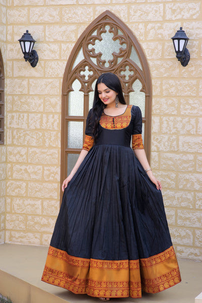 Women's Black Silk Jacquard Weaving Festive Anarkali Dress