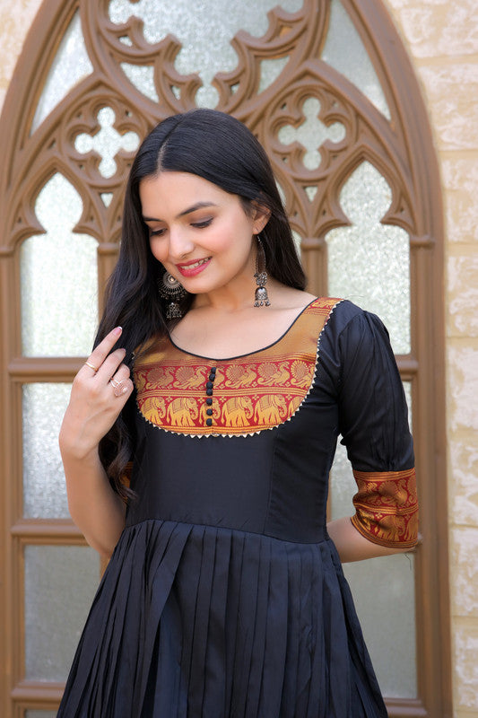 Women's Black Silk Jacquard Weaving Festive Anarkali Dress