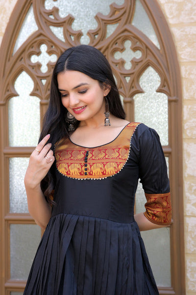 Women's Black Silk Jacquard Weaving Festive Anarkali Dress