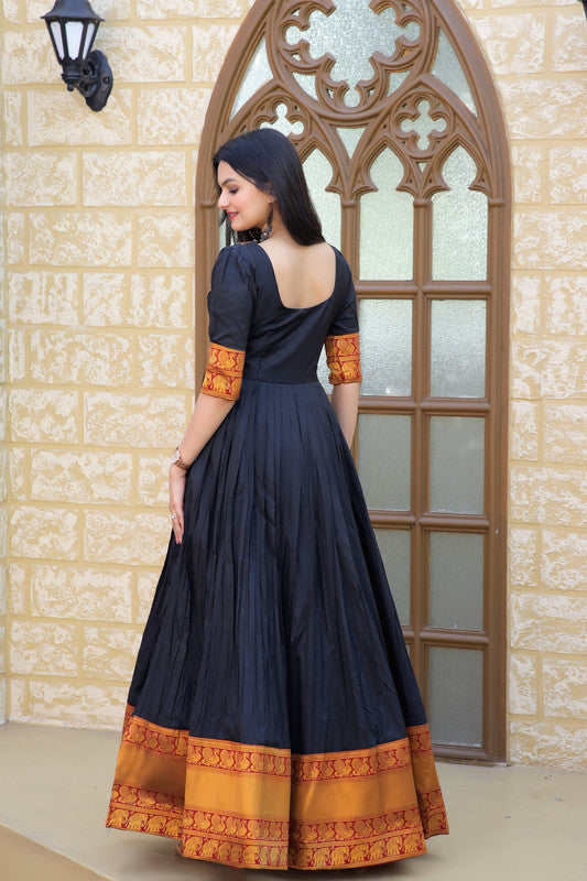 Women's Black Silk Jacquard Weaving Festive Anarkali Dress