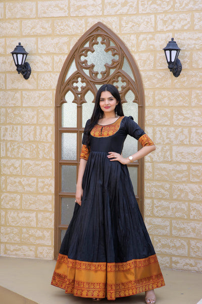 Women's Black Silk Jacquard Weaving Festive Anarkali Dress