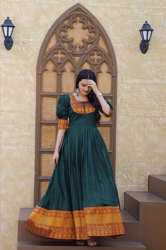 Women's Green Silk Jacquard Weaving Festive Anarkali Dress