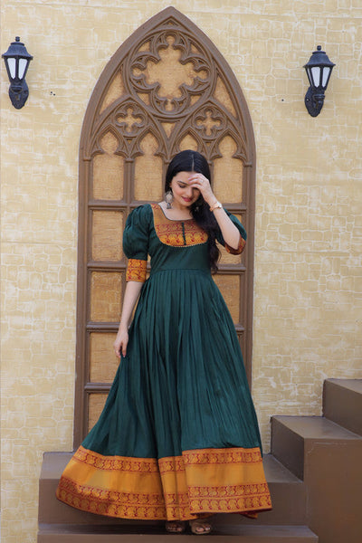 Women's Green Silk Jacquard Weaving Festive Anarkali Dress