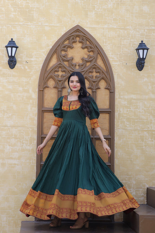 Women's Green Silk Jacquard Weaving Festive Anarkali Dress