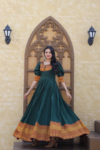 Women's Green Silk Jacquard Weaving Festive Anarkali Dress
