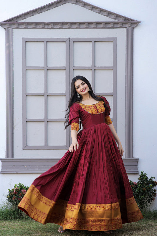 Women's Maroon Silk Jacquard Weaving Festive Anarkali Dress