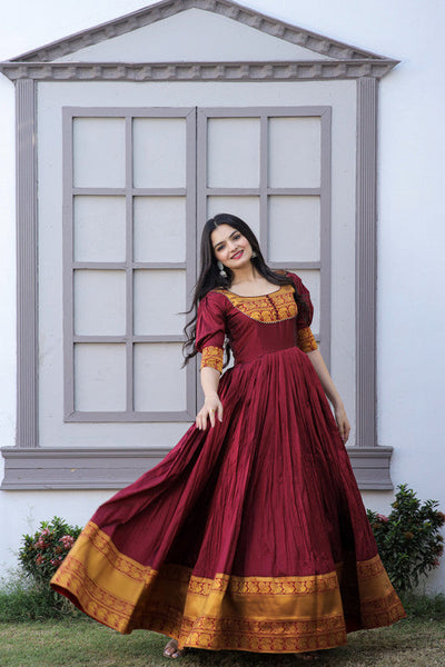 Women's Maroon Silk Jacquard Weaving Festive Anarkali Dress