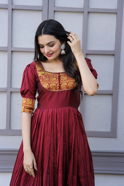 Women's Maroon Silk Jacquard Weaving Festive Anarkali Dress