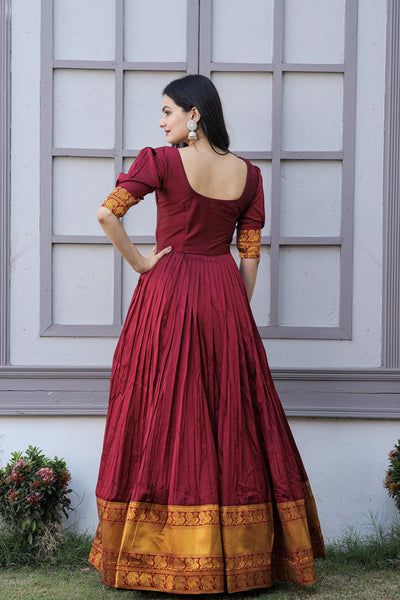 Women's Maroon Silk Jacquard Weaving Festive Anarkali Dress