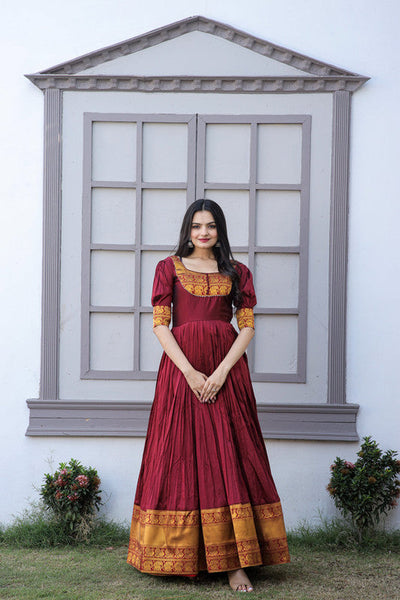 Women's Maroon Silk Jacquard Weaving Festive Anarkali Dress