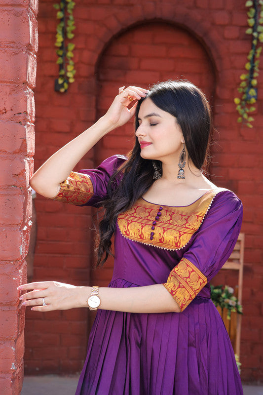 Women's Purple Silk Jacquard Weaving Festive Anarkali Dress