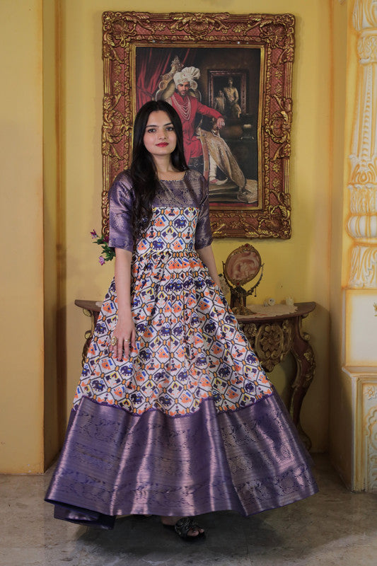Women's Wine Soft Silk Patola Print With Jacquard Weaving Work Anarkali Dress