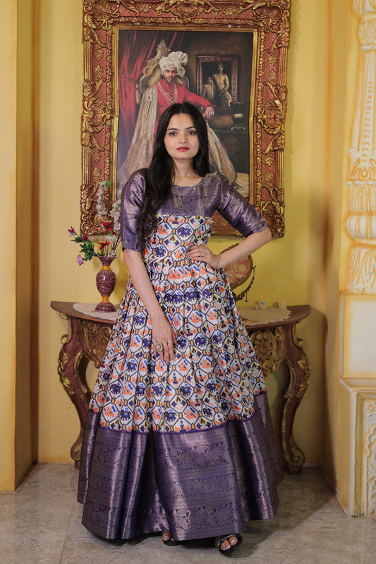 Women's Wine Soft Silk Patola Print With Jacquard Weaving Work Anarkali Dress