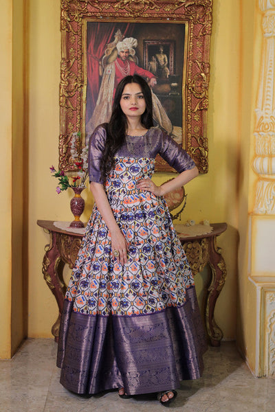 Women's Wine Soft Silk Patola Print With Jacquard Weaving Work Anarkali Dress