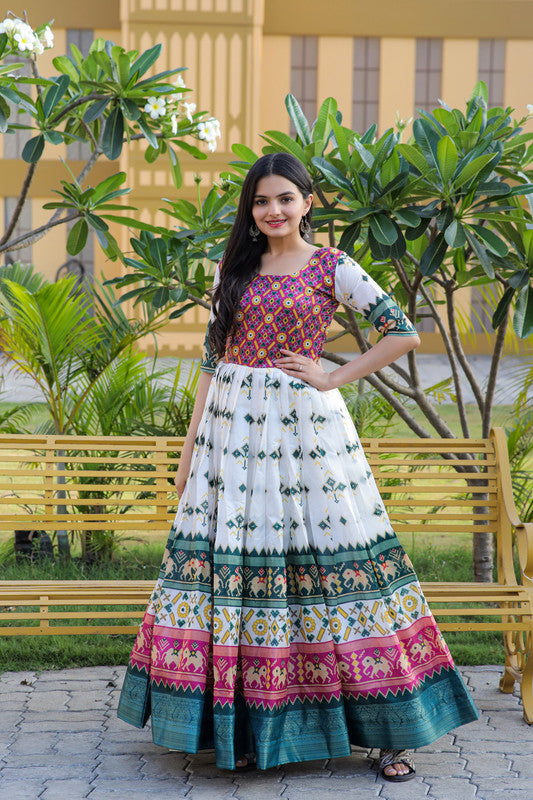 Women's Multicolor Patola Silk Jacquard Weaving Work Anarkali Dress