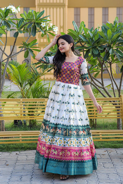 Women's Multicolor Patola Silk Jacquard Weaving Work Anarkali Dress