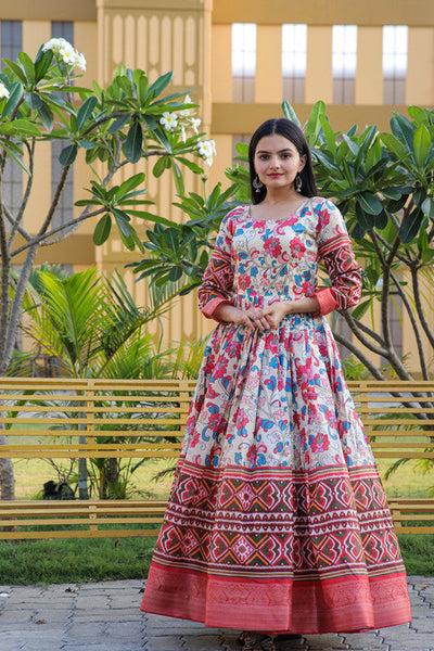 Women's Multicolor Banarasi Silk Kalamkari Print With Jacquard Weaving Anarkali Dress