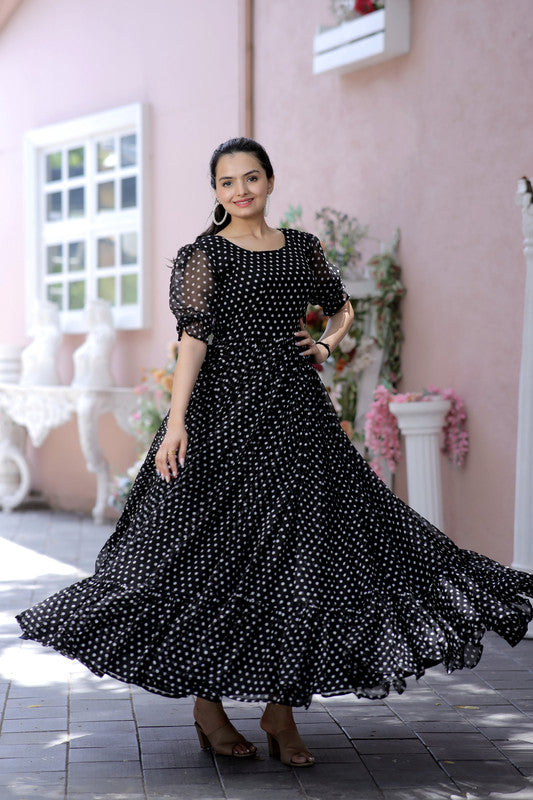 Women's Black Faux Georgette Printed Festive Anarkali Dress