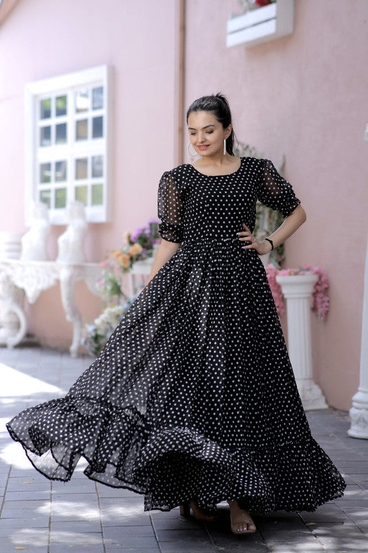 Women's Black Faux Georgette Printed Festive Anarkali Dress