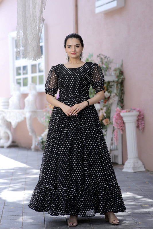 Women's Black Faux Georgette Printed Festive Anarkali Dress